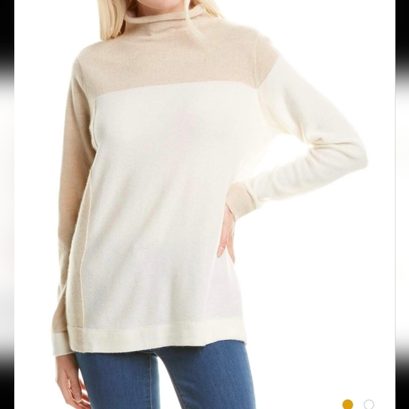 Gobi 100% Mongolian Cashmere Cream and White Colourblock Turtleneck Sweater - Picture 2 of 15